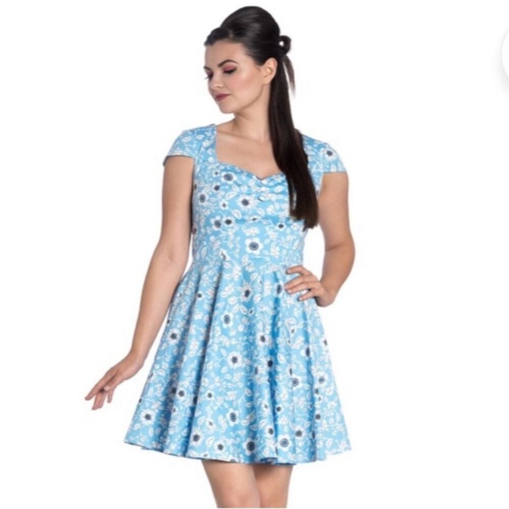 Hell Bunny Blue Daphne Retro 60s Daisy Summer Floral Dress sz XS
